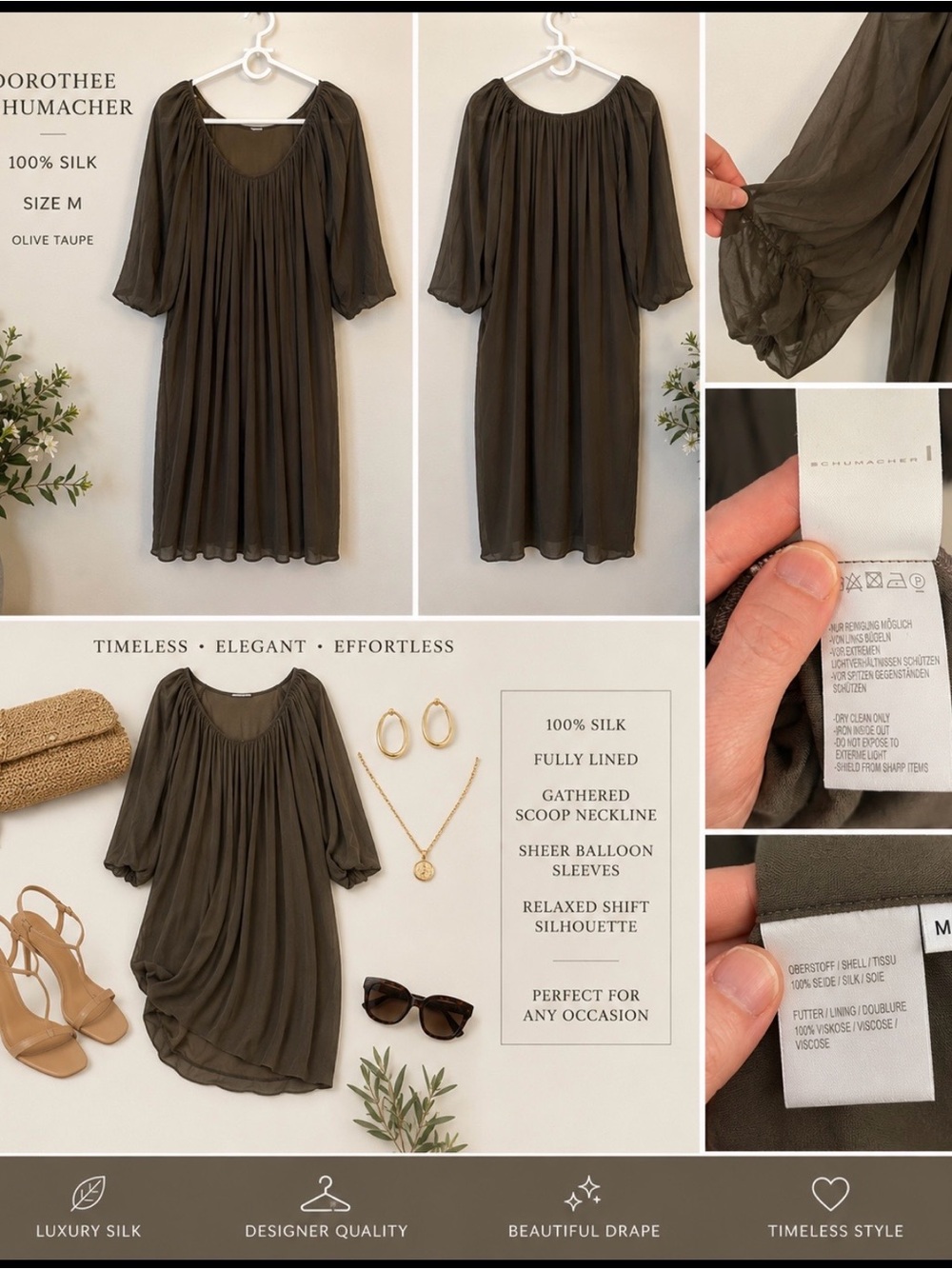 Dorothee Schumacher 100% Silk Gathered Puff Sleeve Dress Size M